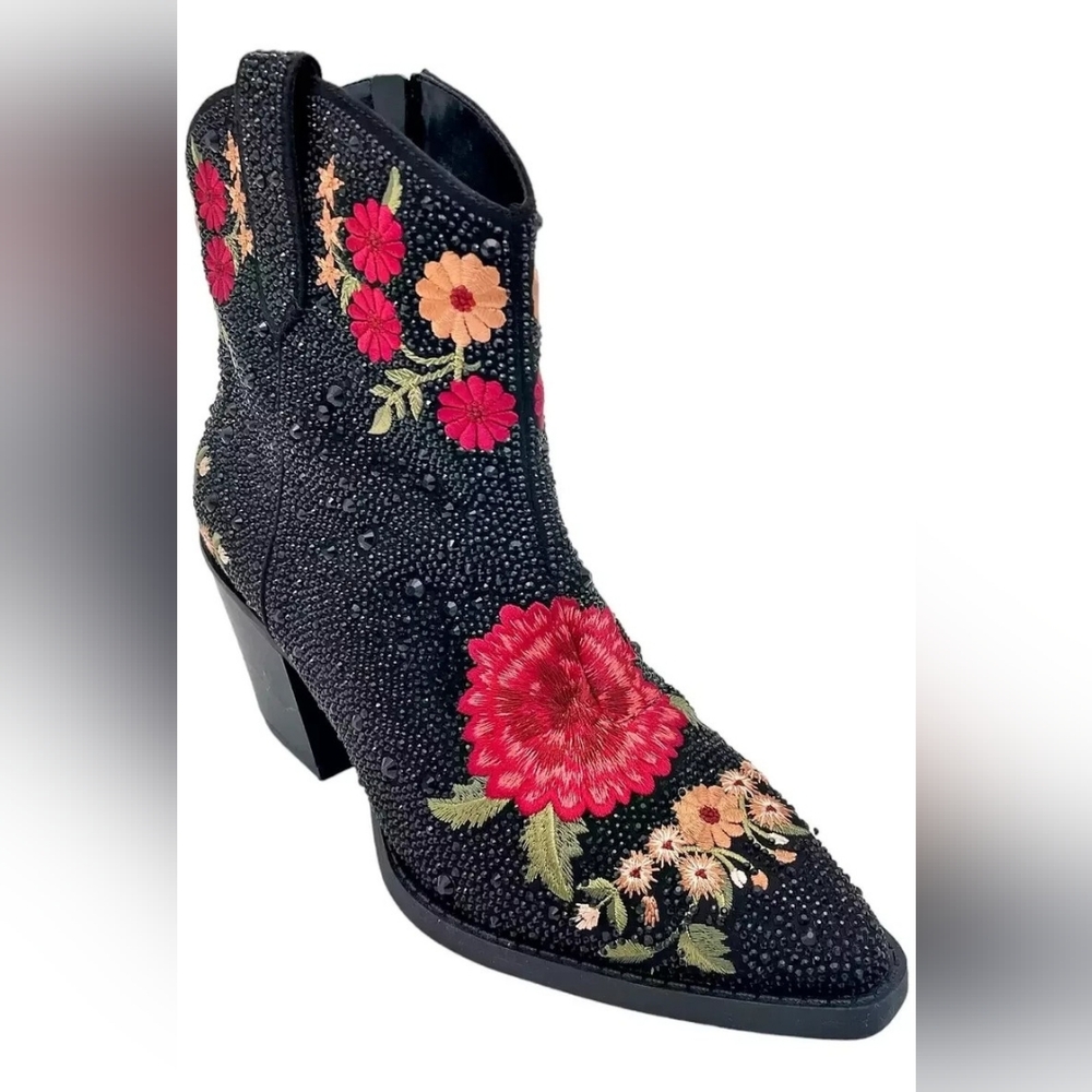 INC Women's Jersey Embellished Cowboy Booties Black Floral Size 10 1/2 NWT